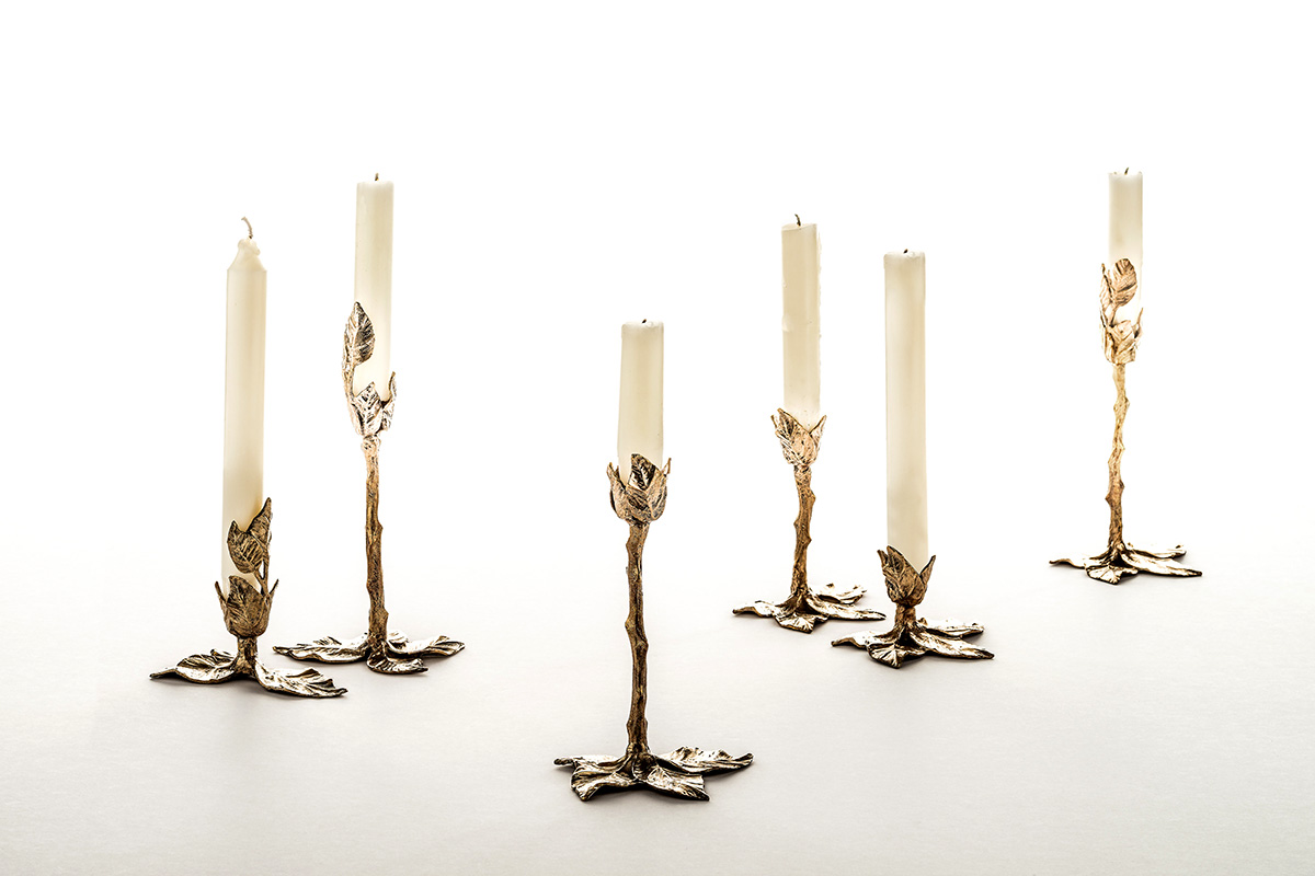 Designed by Italian sculptor Osanna Visconti for Clubroom, a collection of leaf-shaped candleholders made from bronze using the ancient lost-wax casting technique.